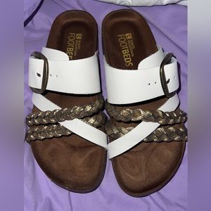 White mountain footbeds sandals. White with gold.